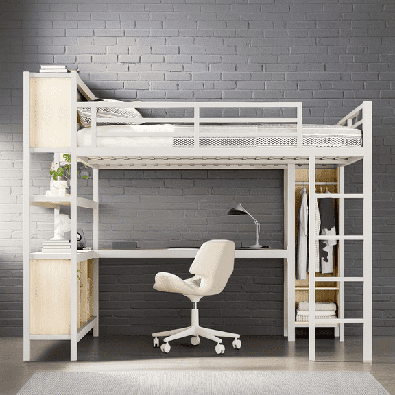 Queen Size Loft Bed with Desk & Wardrobe, Wood-grain Metal Loft Bed with L-Shaped Desk and Storage Shelves, Space Saving Loft Bed for Teens, Adults, White