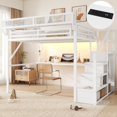 thumbnail image 1 of Queen Size Loft Bed Frame with Desk and Charging Station, Metal Loft Bed with Staircase and LED Light for Bedroom, Apartment, Dorm, Box Spring Not Required, Mattress Not Included, White, 1 of 9