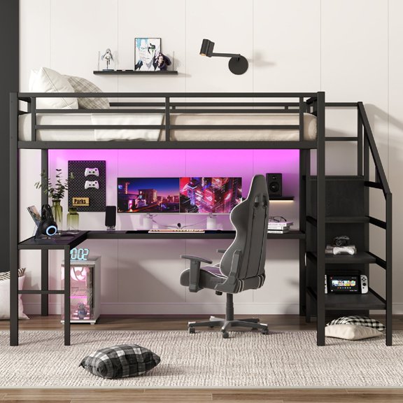 Queen Size Loft Bed Frame with L-shaped Desk and USB, High Loft with LED Metal Loft Bed Frame with Wardrobe and Adjustable Shelf for Bedroom, Apartment, Mattress not included, Black