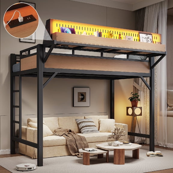 Queen Size Loft Bed Frame with Storage Shelves and Pegboard, LED Lightsr Metal Loft Bed with USB Ports and Underbed Space for Bedroom,Dorm, Mattress not included,No Box Spring Required, Natural