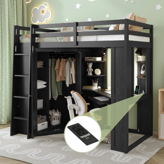 Twin Size Loft Bed Frame with Desk and Wardrobe, All-in-One High Bed Frame with Pull-out Keyboard Tray and Charging Station, Dual Metal Spotlights for Bedroom, Mattress not included, Black