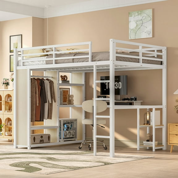 Queen Size Loft Bed Frame with Built-in Wardrobe, Desk & Storage Shelves, Metal & MDF Space-Saving Loft Bed for Adults/Teens, White Wood-grain