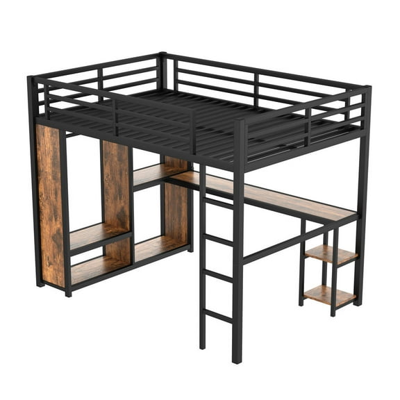 Queen Size Loft Bed Frame with Built-in Wardrobe, Metal Loft Bed with Desk and Storage Shelves, Woodgrain