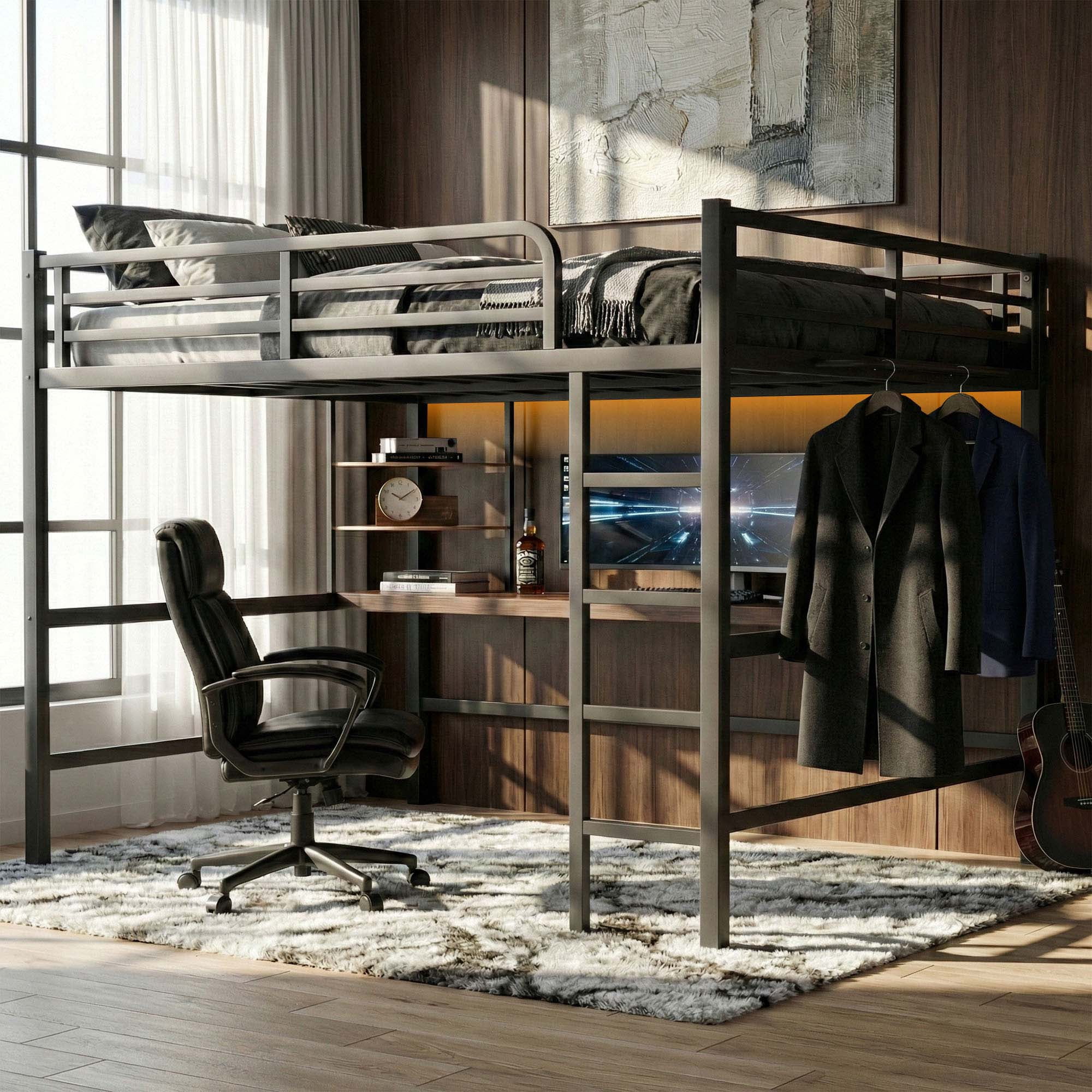 Queen Size Loft Bed Frame with Desk, Shelves, LED Lights & Charging Station, Metal Loft Bed for Adults, Black