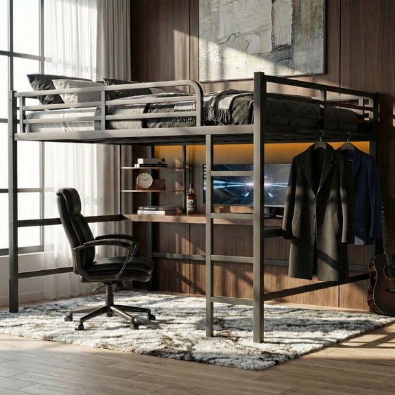 Queen Size Loft Bed Frame with Desk, Shelves, LED Lights & Charging Station, Metal Loft Bed for Adults, Black