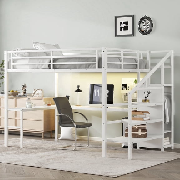 Queen Size Loft Bed with L-Shaped Desk and Wardrobe, Metal High Loft Bed Frame with USB Port and LED Lights, Storage Stairs and Adjustable Shelf, Off White, Ships in 2 Boxes