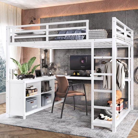 Queen Size Loft Bed with L-shaped Desk and Wardrobe, MDF and Metal Loft Bed Frame with Storage Cubes and Shelves, Space-Saving Loft for Apartments, White,Ships 2 Pkgs