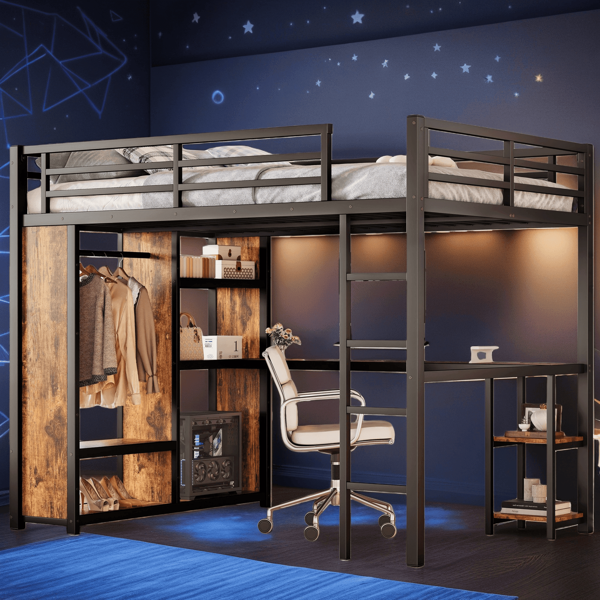 Queen Size Loft Bed, Metal Loft Bed Frame with Built-in Wardrobe, Desk ...