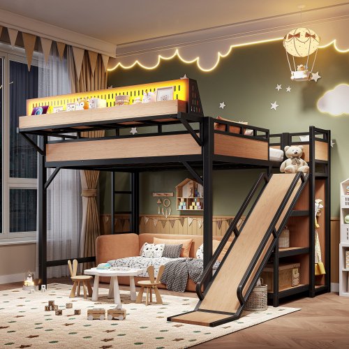 Queen Size Loft Bed, Multi-Functional with Slide and Storage Shelves, Built-in Wardrobe, USB Ports and LED Lights, Space-Saving, Bedroom Dorm, Natural