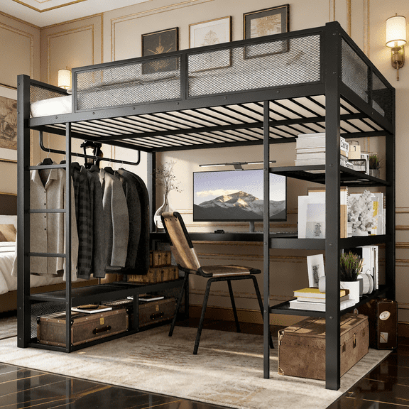 Queen Size Loft Bed with Storage Shelves, Metal Loft Bed with Clothes Hanging Rod and Desk, No Box Spring Needed Design, Black Metal Frame for Bedroom, Dorm, Apartment, Studio,Mattress not included