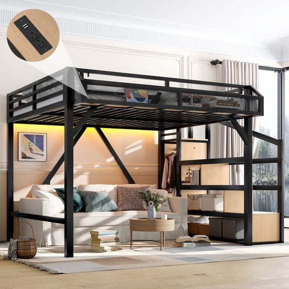 Queen Size Loft Bed with Storage Stairs,Shelves and Built-in Wardrobe, Metal Game Loft Bed Frame with USB Ports and LED Lights,Noise-reduced Design,Natural Wood