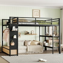 Queen Size Loft Bed with Wardrobe and Drawers, Heavy-Duty Metal Loft Bed with Pegboard and Bedside Shelves, Large Under-Bed Space for Adults Teens, Black