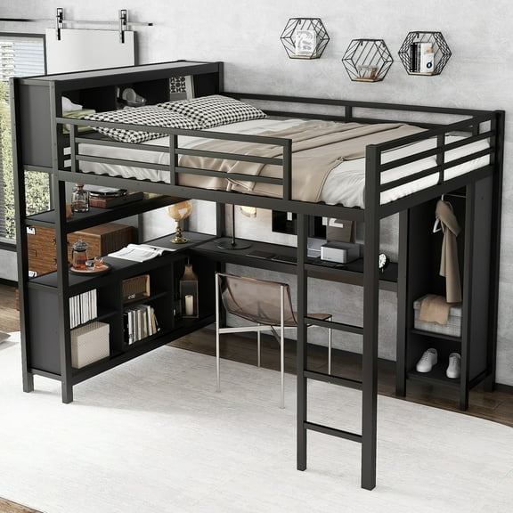 Queen Size Loft Bed with Wardrobe and L-Shaped Desk, Metal Loft Bed with Storage Cubes and Shelves, Heavy Duty Space Saving Bed for Teens, Adults, Small Spaces, Black