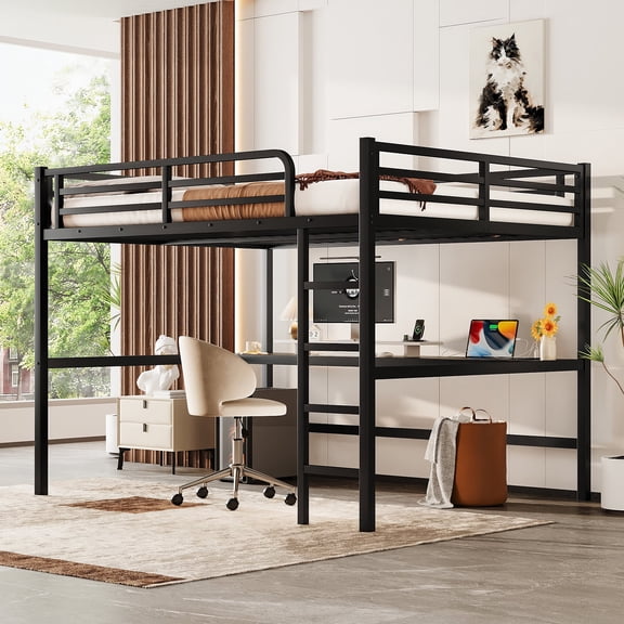 Queen Size Loft Bed with Desk, Metal Loft Bed Frame with Charging Station, Guardrail, Noise Reduced, Space-Saving Loft Bed
