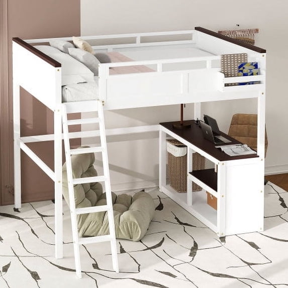 Queen Size Loft Bed with Desk,Open Shelf and a Storage Box,USB Charging Station,White(ETA:4/14)