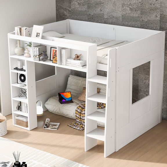 Queen Size Loft Bed with Desk, White Wooden Loft Bed with Storage Cabinets & 5 Shelves, High Sleeper Bed with Study Area for Small Room, Teen, Adult