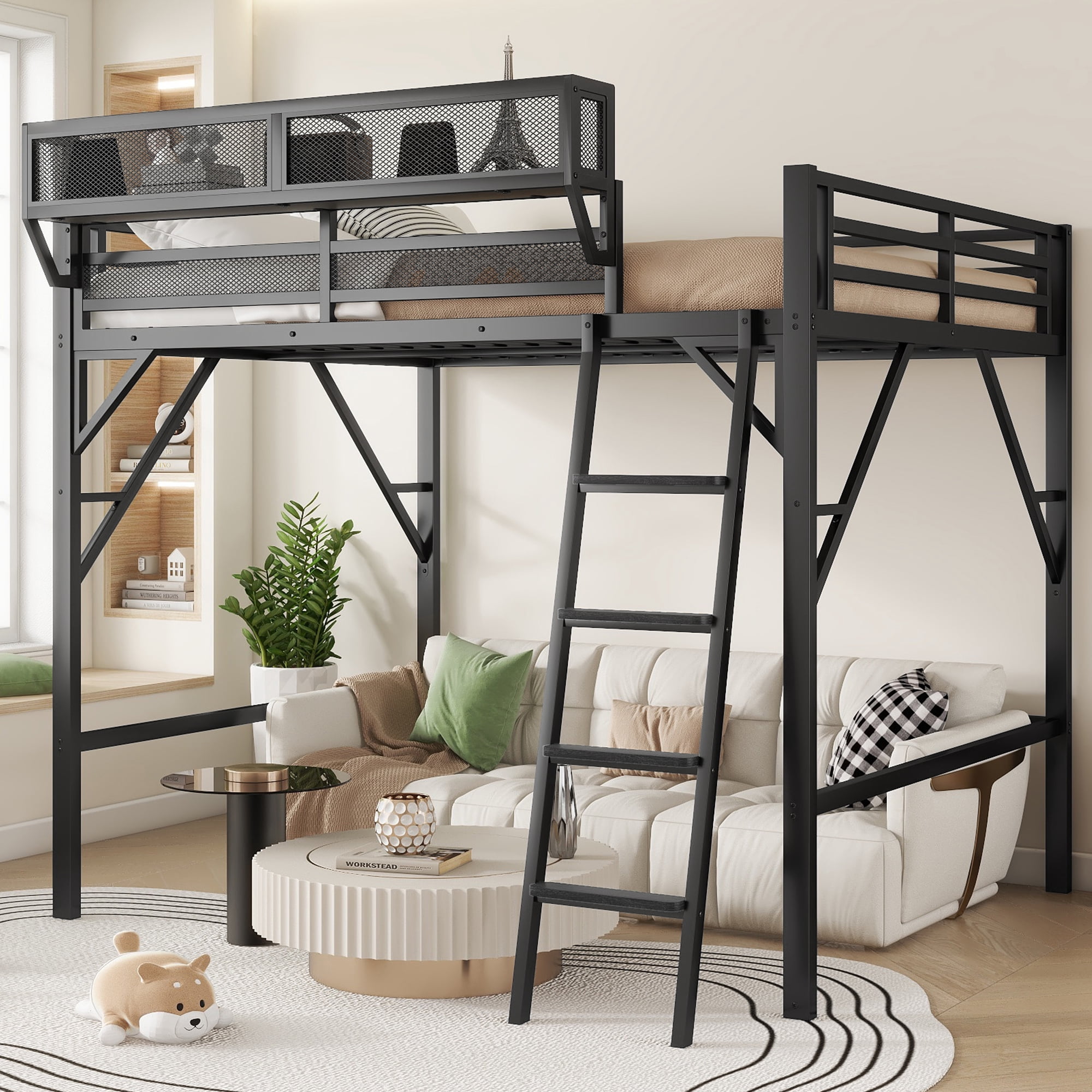 Queen Size Loft Bed with Ladder, Metal Loft Bed with Storage Shelves, High Loft Bed for Kids Teens, Black