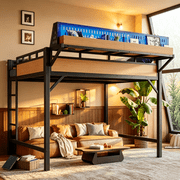 Queen Size Loft Bed with Storage Shelves and Pegboard, Metal Loft Bed Frame with USB Ports and LED Lights, Safe and Sturdy