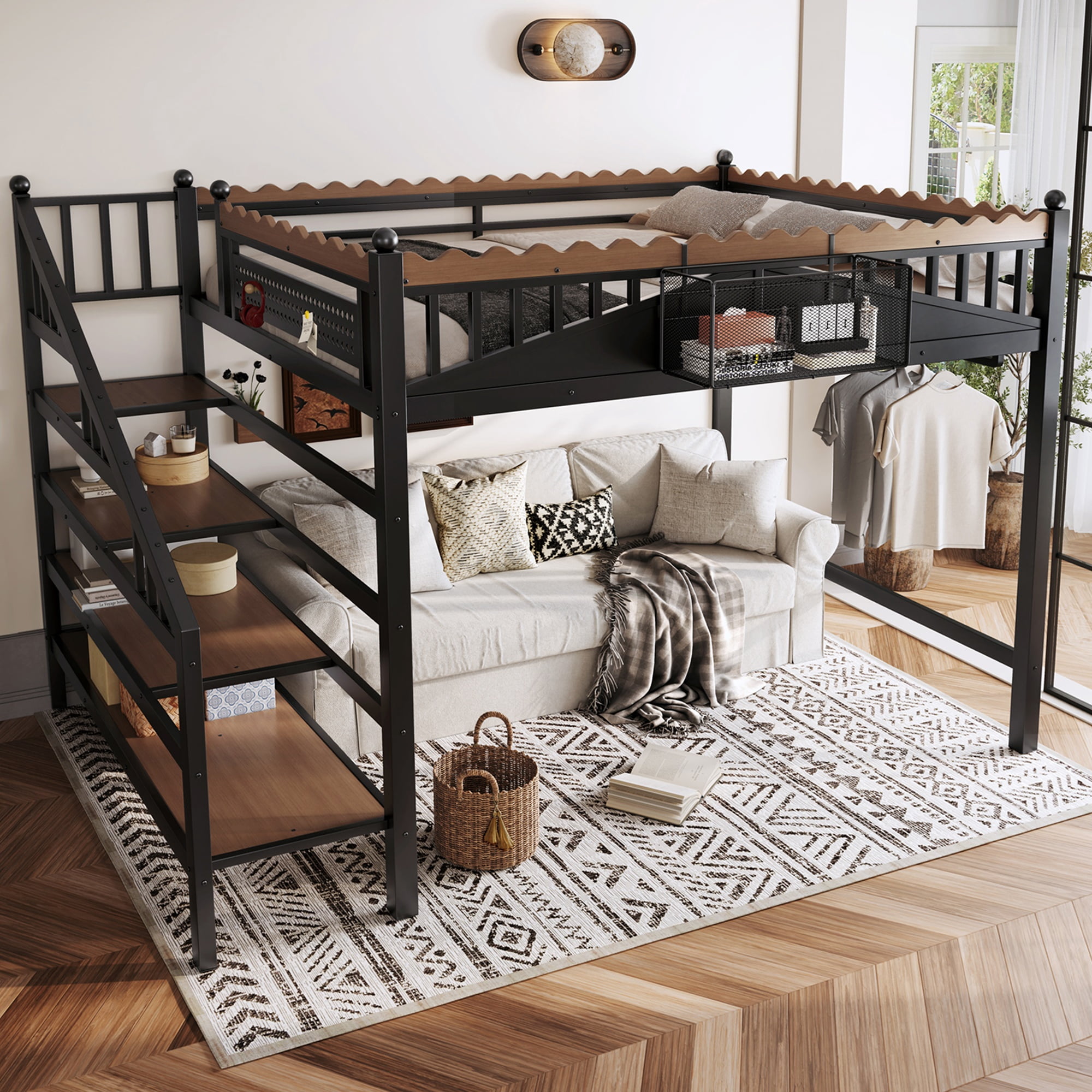 Queen Size Loft Bed with Storage Stairs & Bookshelf, Metal Loft Bed Frame with Storage Shelves, Space-Saving Loft Bed for Dorms, Small Bedroom, Black