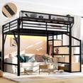 thumbnail image 1 of Queen Size Loft Bed with Storage Stairs, Metal Loft Bed Frame with USB Ports and LED Lights, Wardrobe, Extended Shelf, Noise-reduced Design, 1 of 6