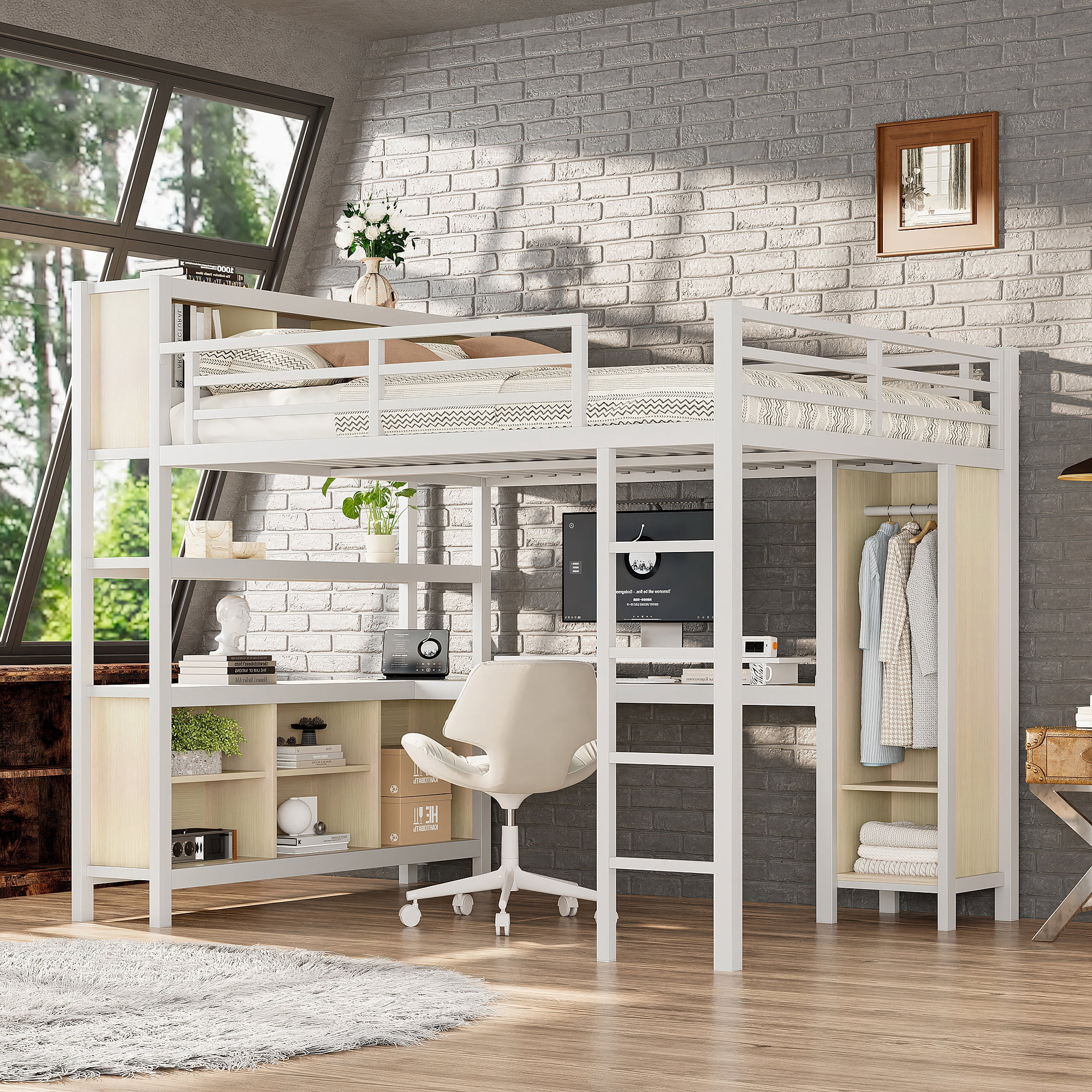 Queen Size Loft Bed with Wardrobe And L-shaped Desk, Metal Loft Bed with Storage Cubes and Shelves, Heavy Duty Loft Bed for Kids Teens Adults, White