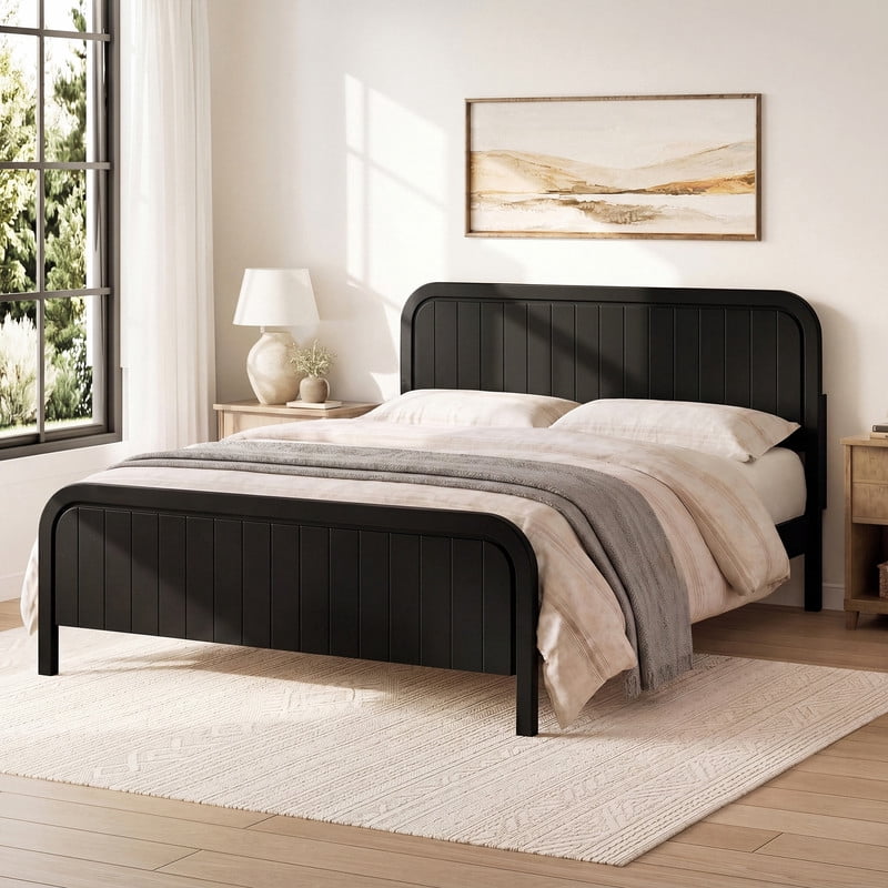 Queen Size Low Profile Bed Frame with Striped Headboard & Footboard, Wood Platform Bed with Slats Support & 7'' Under-Bed Space