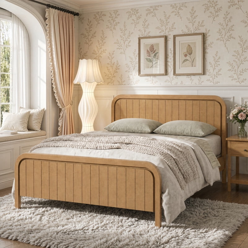 Queen Size Low Profile Bed Frame with Striped Headboard & Footboard, Wood Platform Bed with Slats Support & 7'' Under-Bed Space