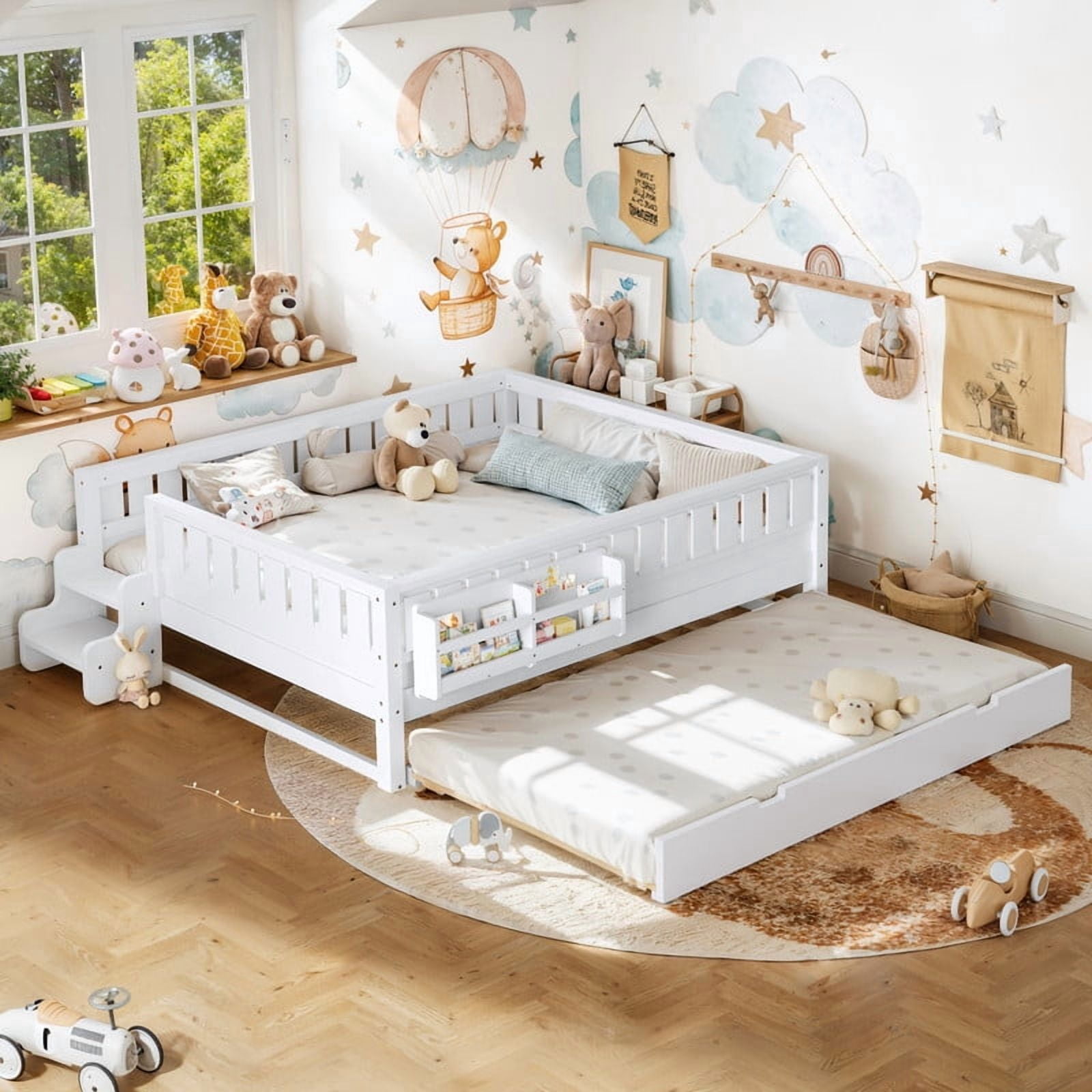 Queen Size Low-Profile Kid's Platform Bed with Built-in Bookshelves & Small Staircase, Wooden Bed Frame with Safety Rails & Trundle