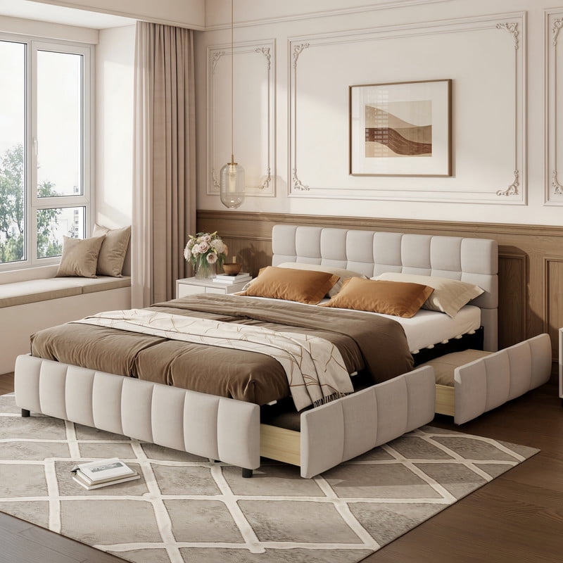 Queen Size Low Profile Platform Bed with Tufted Headboard, Linen Fabric Padded Storage Upholstered Bed Frame with 4 Drawers
