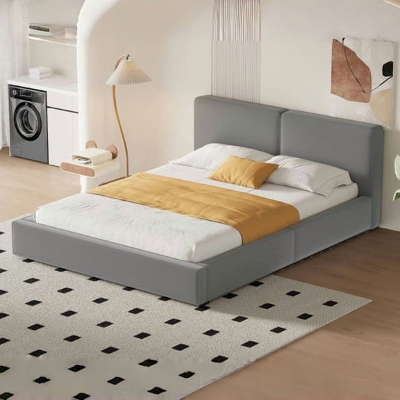 Queen Size Low Profile Platform Bed with Velvet Upholstery, Grounded Modern Bed Frame with Solid Support for Bedroom, Gray