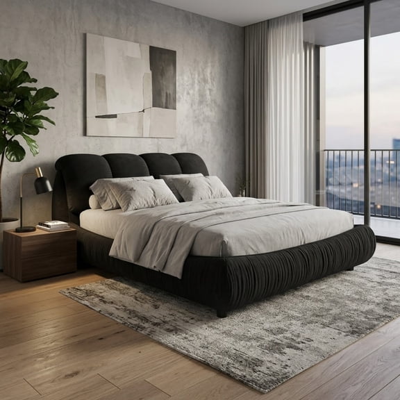 Queen Size Low Profile Upholstered Platform Bed with Oversized Padded Headboard, Soft Modern Luxury Cloud Bed with Slats Support and Solid Wood Frame for Bedroom