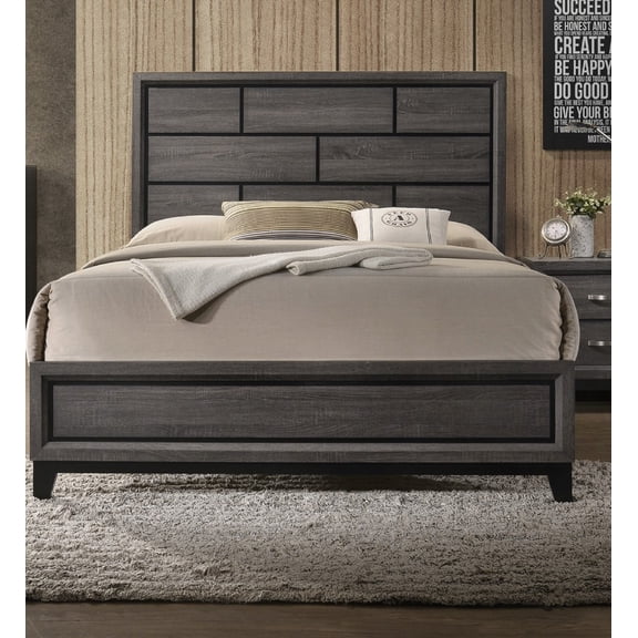 Queen Size Low-profile Bed in Gray Finish featuring Geometric Design for Bedroom Furniture