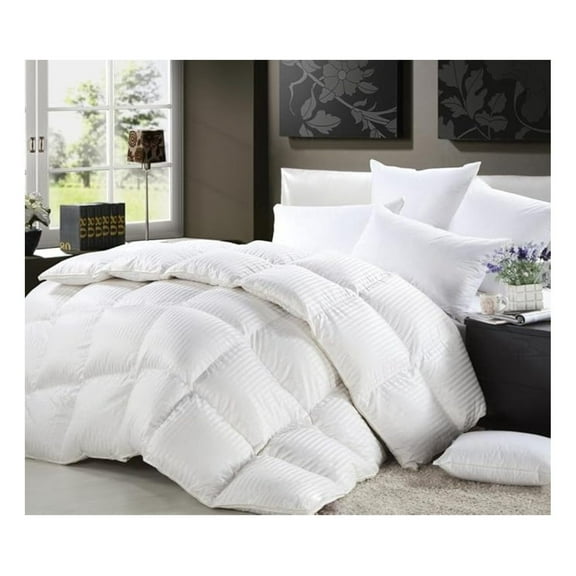 Queen Size Luxurious 1200 Thread Count Siberian Goose Down Comforter, 100% Egyptian Cotton Cover, Damask Stripe White Color, 750 Fill Power, 50 Oz Fill Weight