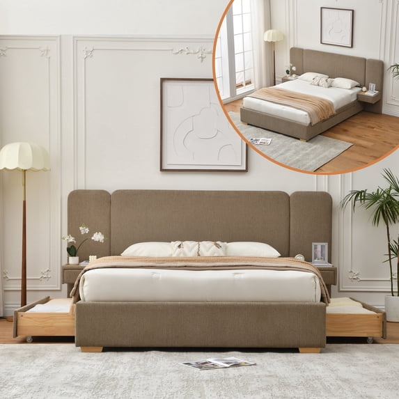 Zanmintaobo Queen Size Luxury Bed Frame,Upholstered Headboard,Storage Drawers ,Built-in Nightstand Components,No Box Spring Needed,Easy Assembly,Ocher