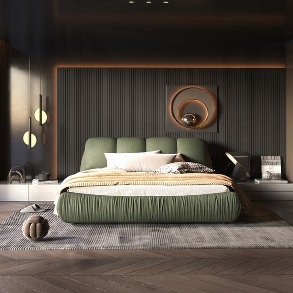 Queen Size Solid Wood Platform Bed Frame for Multiple Mattress Heights,No Box Spring,Green,Master Bedroom