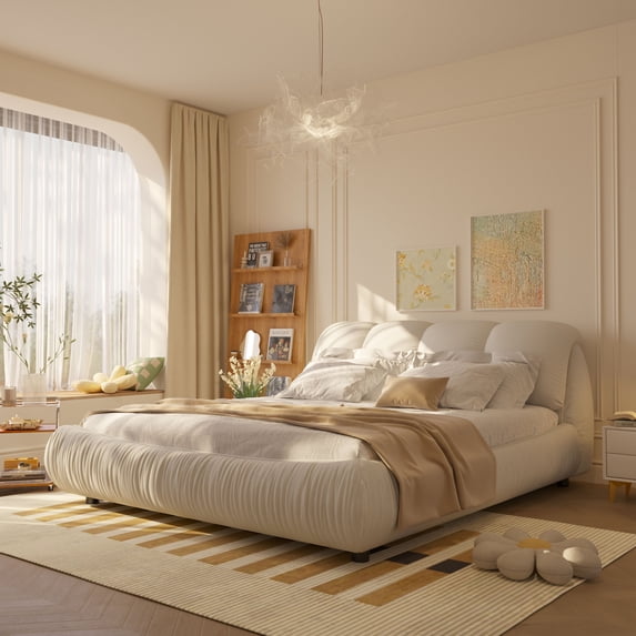 Queen Size Luxury Upholstered Platform Bed with Oversized Padded Backrest and Solid Wood Frame