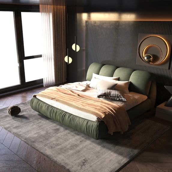 Queen Size Luxury Upholstered Platform Bed with Oversized Padded Backrest and Solid Wood Frame