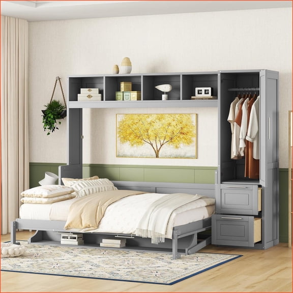 Queen Size MDF+LVL Murphy Wall Bed with Closet & Drawers Gray Space-Saving for Studio Apartments/Home Offices