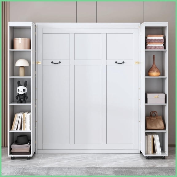 Queen Size MDF+Wood Murphy Wall Bed with Storage Doors White for Small Spaces