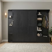 Queen Size MDF Wood Murphy Wall Bed with Storage Shelves and LED Lights Black