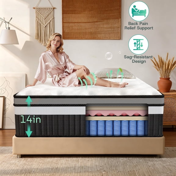 Queen Size Mattress 14" Hybrid Mattress in a Box Gel Memory Foam & Pocket Springs, Queen Size Mattress with Motion Isolation, Medium Firm, Pressure Relief, CertiPUR-US Certified, Mattress in a Box