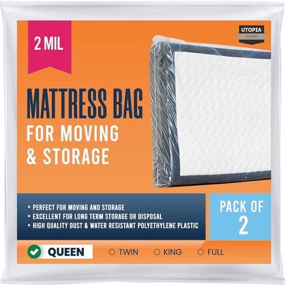 Queen Size Mattress Cover for Moving (2 Pack), 2 Mil Thick Plastic Mattress Bag for Disposal, Mattress Encasement Fits Mattresses up to 14 Inches, Mattress Bags for Moving