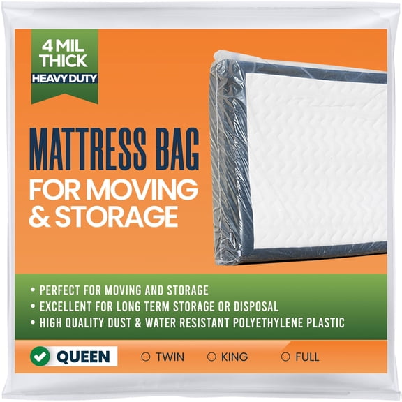 Queen Size Mattress Encasement Bag for Moving or Storage, 4 Mil Thick Tear Resistant Plastic Cover, Transparent Design, Clear