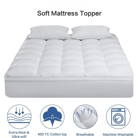 Queen Size Mattress Topper Cotton 400TC Pillow Top Plush Down Alternative Fill Adds Cushioning and Fits 8-21 Inch Deep Pocket Beds