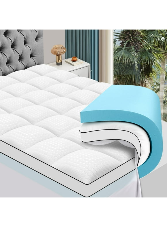 Queen Size Mattress Topper, Dual Layer 4 inch Memory Foam Mattress Topper, 2 inch Gel Memory Foam and 2 inch Cooling Pillow Top Mattress Pad Cover for Back Pain, Medium Support