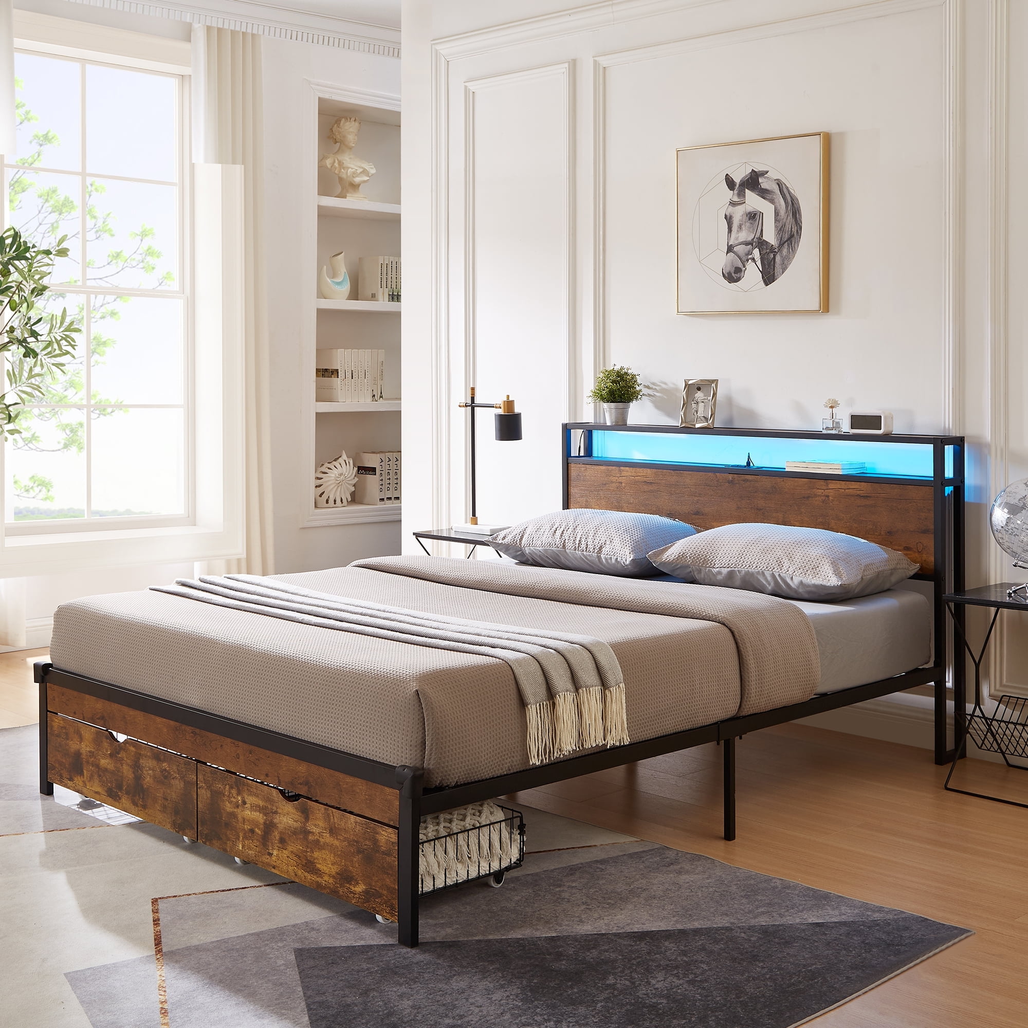 Queen size Metal Wood Platform Bed Frame with Headboard main image 1