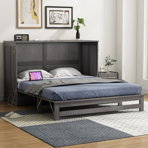 Queen Size Maximized Space Murphy Bed with Built-In Charging Station(Antique Gray)