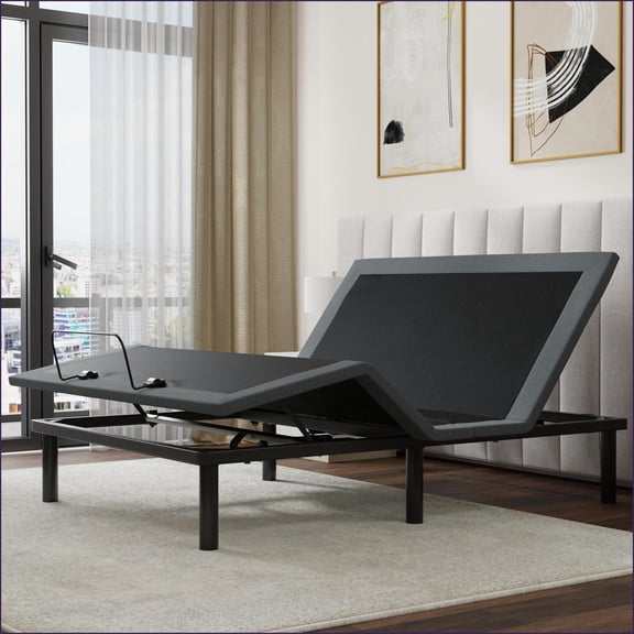 Queen Size Metal Adjustable Bed Base with Head & Foot Positioning, Wireless Remote, Tool-Free Assembly, Black & Grey