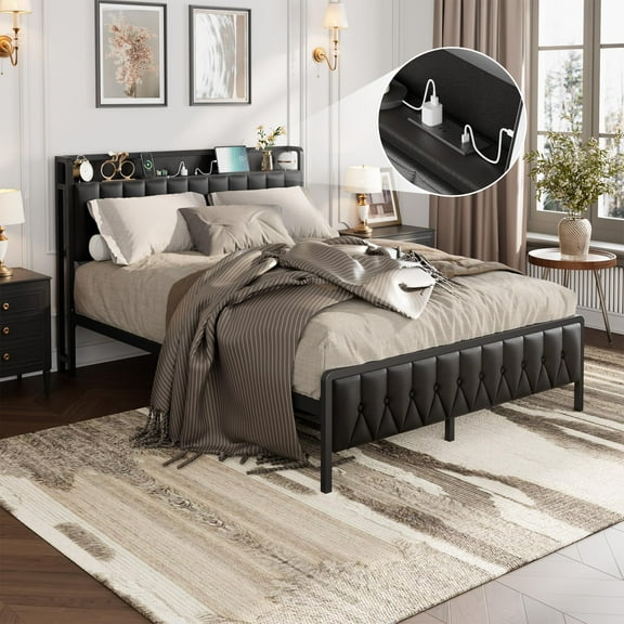 Queen Size Metal Bed Frame with Charging Station, All-Metal Platform Bed with Faux Leather Headboard, Storage Footboard, Noiseless Design, Easy Assembly, Black
