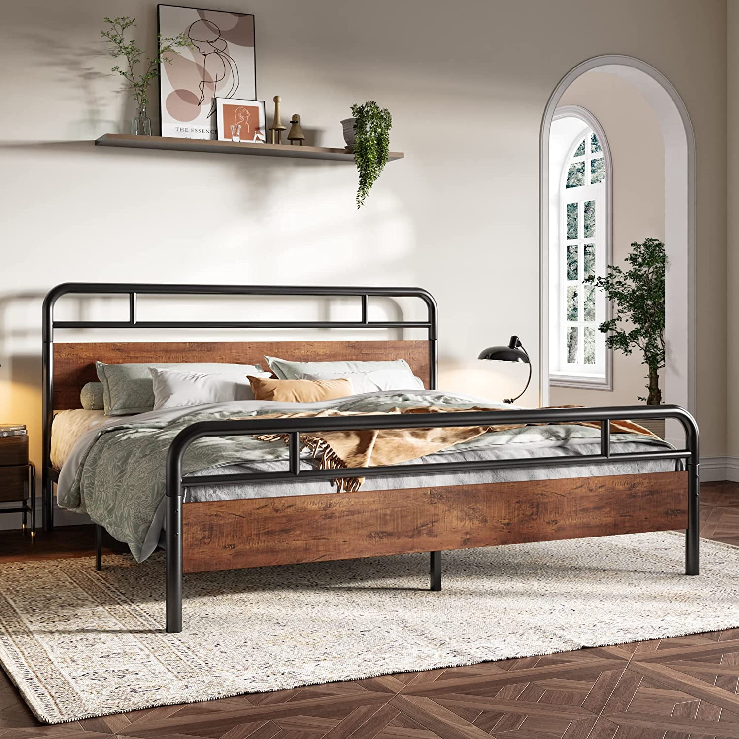 Queen Size Metal Bed Frame with Curved Wooden Headboard and Footboard